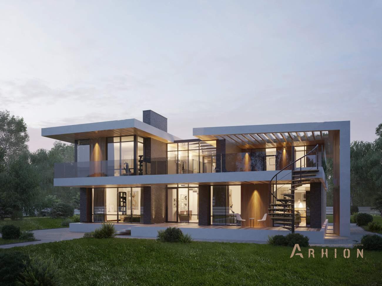 4. Проект двухэтажного дома в стиле хай-тек с плоской кровлей , rh-410, площадью - 410 кв c сауной, терассой, балконом, гаражом, вторым светом